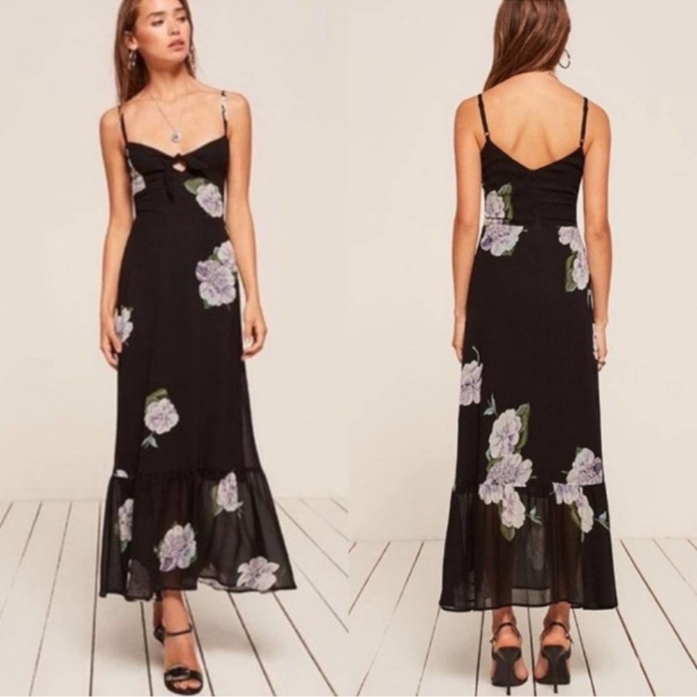 Reformation Natalie Floral Midi Dress Dark Romantic Flower Wedding Guest Size 0